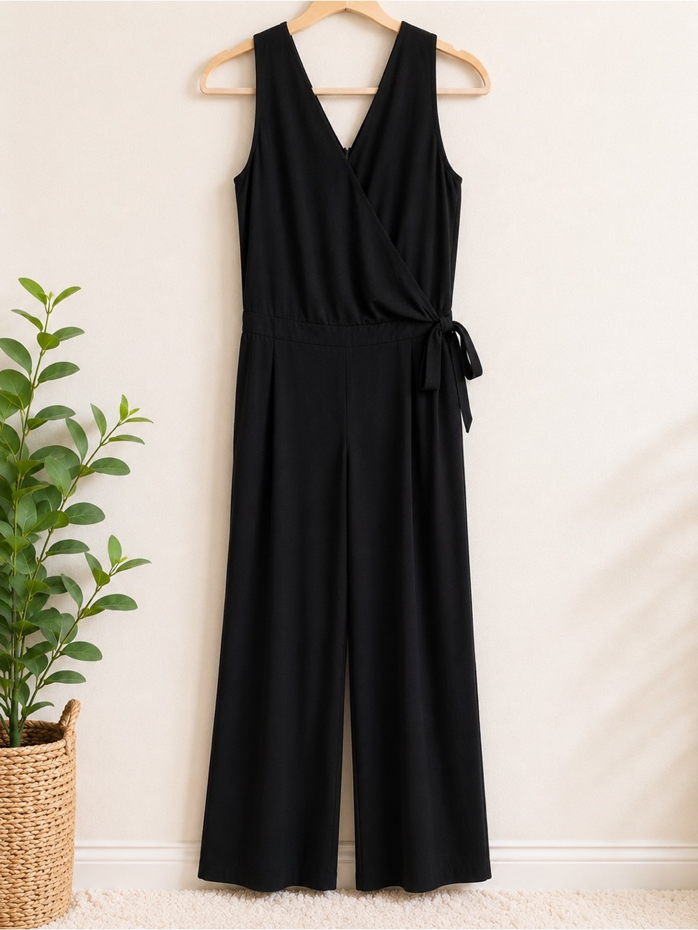 LOFT Black Sleeveless Wrap Jumpsuit with Side Tie